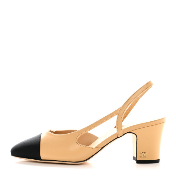 Goatskin Grosgrain Cap Toe CC Slingback Pumps 37 Beige Black | FASHIONPHILE (US)