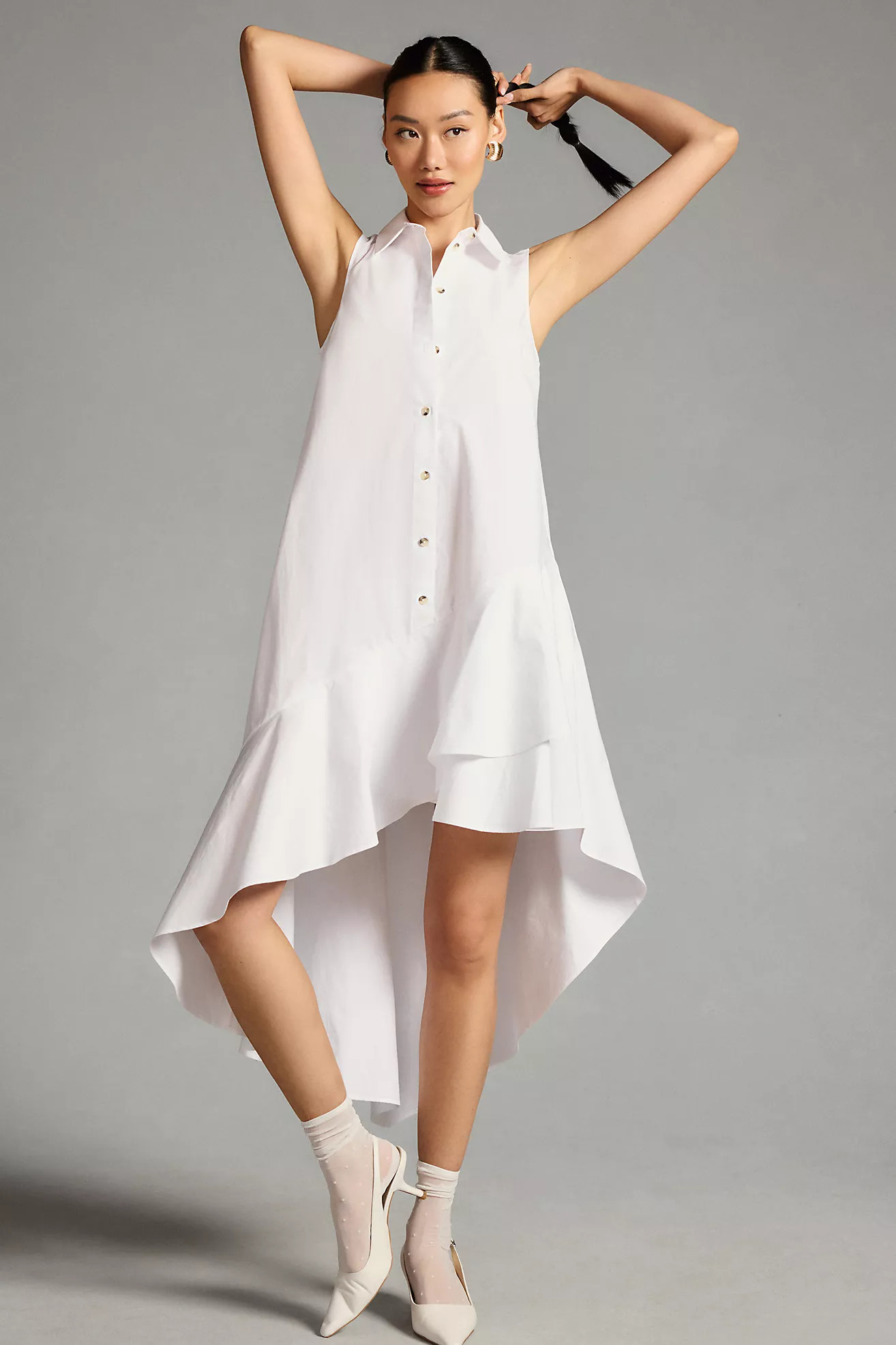 By Anthropologie Sleeveless Buttondown Asymmetrical Ruffle-Hem Dress | Anthropologie (US)