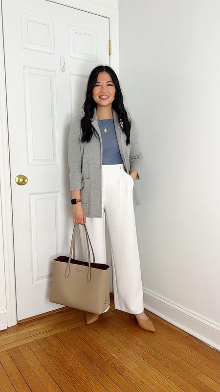 OUTFIT 1:
Gray sweater blazer
Light blue tank (XS)
White pants (28S)
Taupe tote bag
Tan pumps (1/2 size up)

OUTFIT 2:
Beige cardigan jacket (XSP)
White tank (XS)
Wide leg jeans (4P)
Olive green tote bag
White loafers (TTS)

OUTFIT 3:
Navy top (XS)
Light blue pants (28S)
Brown bag
White pumps (1/2 size up)

OUTFIT 4:
Black floral top (XS)
Black pants (28S)
Black pumps
Dark brown tote bag

OUTFIT 5:
Navy and white striped top (XS)
High waisted jeans (4P)
Brown loafers (TTS)

Business casual outfit
Smart casual outfit
Work outfit
Neutral outfit
Abercrombie outfit
Ann Taylor outfit

#LTKsalealert #LTKworkwear #LTKfindsunder100