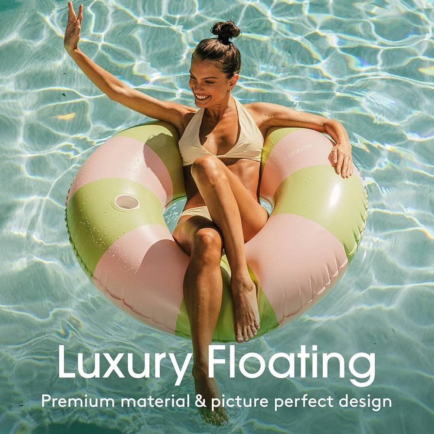 FUNBOY Giant Pink & Green Stripe Inflatable Pool Float with Cup Holder, 48" Adult Inner Tube Swim... | Amazon (US)