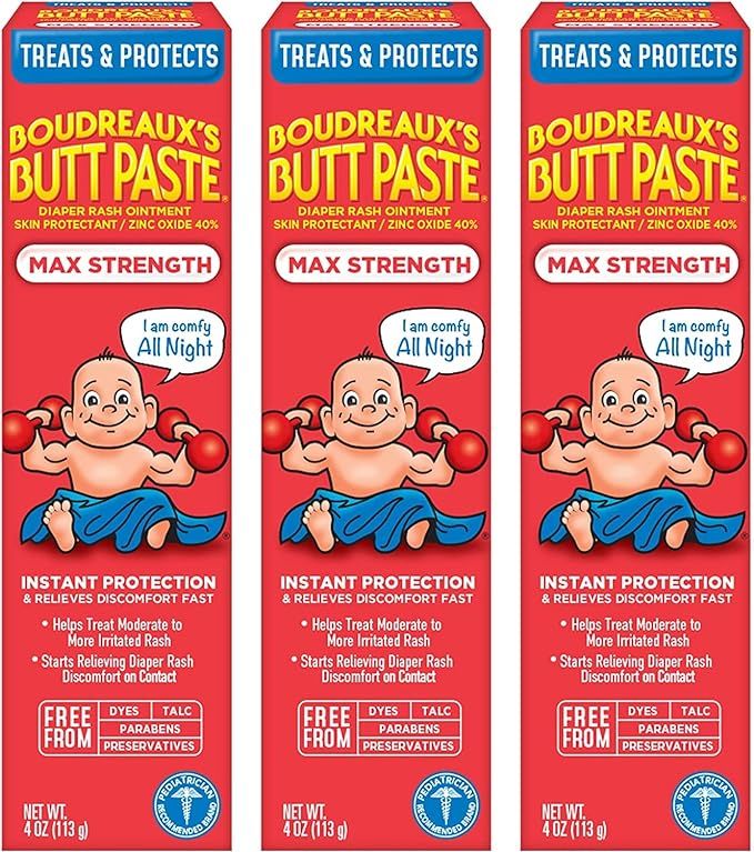 Boudreaux's Butt Paste Maximum Strength Diaper Rash Cream, Ointment for Baby, 4 oz Tube, 3 Pack | Amazon (US)