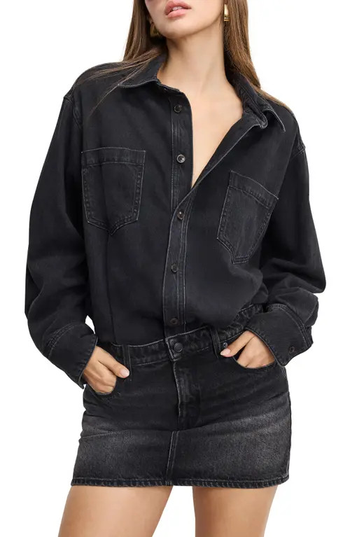 Good American Denim Long Sleeve Mini Shirtdress in Black389 at Nordstrom, Size Xx-Large | Nordstrom