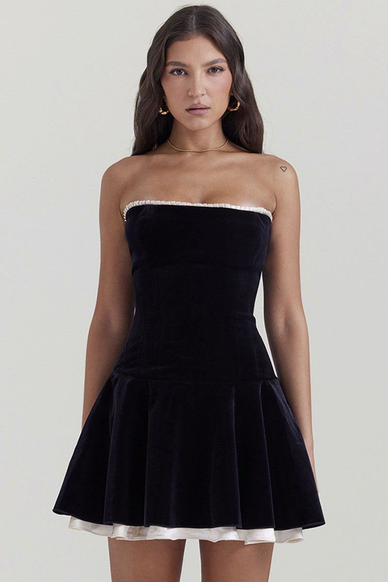 Velvet Strapless Lace Up Corset A-Line Pleated Mini Dresses-Black [Pre Order] | Cherley