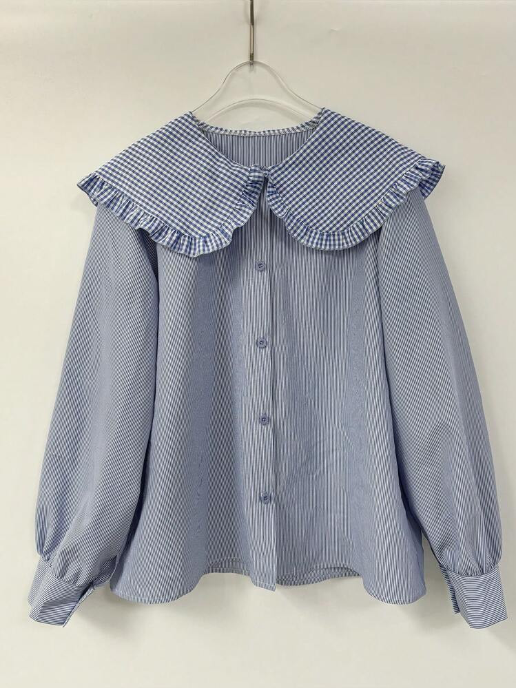 INAWLY Women's Peter Pan Collar Plaid & Stripe Long Sleeve Casual Shirt,Long Sleeve Tops | SHEIN