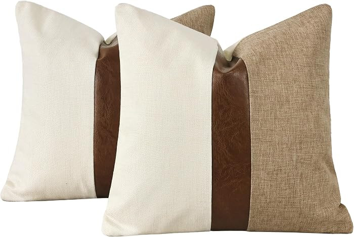 Set of 2 Faux Leather and Linen-Textured Throw Pillow Covers 18x18 Inch, Cream and Khaki Decorati... | Amazon (US)