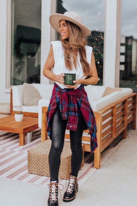 Fall outfit inspo. Casual fall style. Flannel. Plaid. Button down. Spanx. Muscle tee. Fall boots. Winter boots. 


#LTKsalealert #LTKstyletip #LTKunder100
