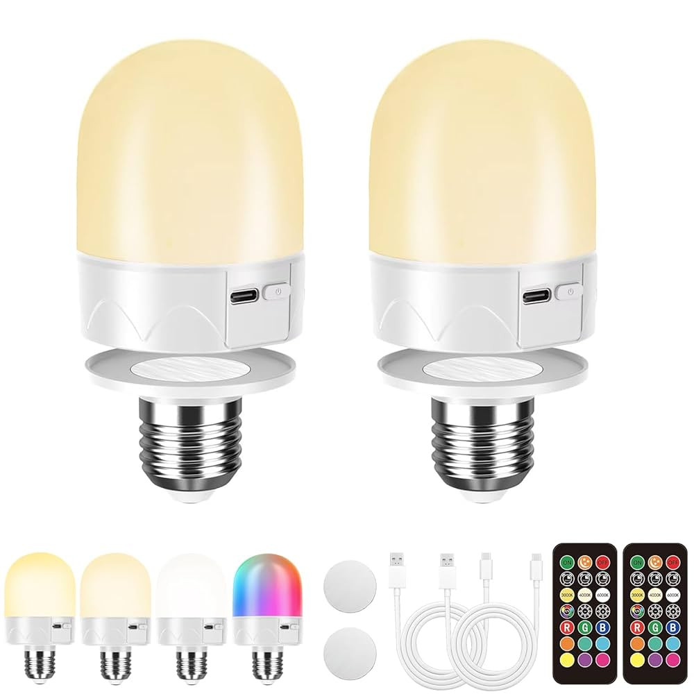 USB Rechargeable Light Bulbs With Remote Control, E26 Battery Operated Light Bulb for Lamps RGB C... | Amazon (US)