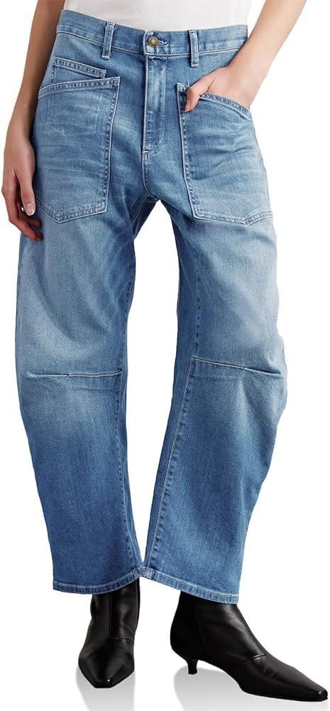 PLNOTME Womens Baggy Barrel Horseshoe Jeans High Waisted Wide Leg Vintage Denim Pants with Front ... | Amazon (US)