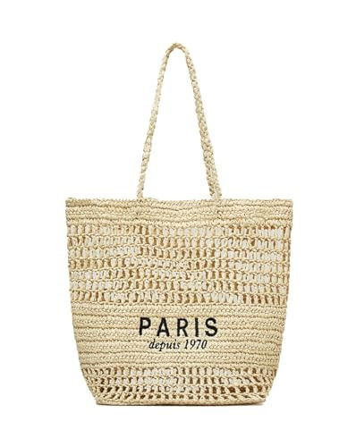WUDFUME Straw Beach Bag Women PARIS Letter Woven Tote Shoulder Crochet Handbag Mesh Summer Vacation Picnic Purse, Khaki | Amazon (US)