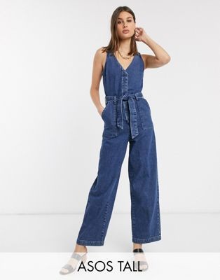 ASOS DESIGN Tall denim v neck jumpsuit in blue | ASOS (Global)