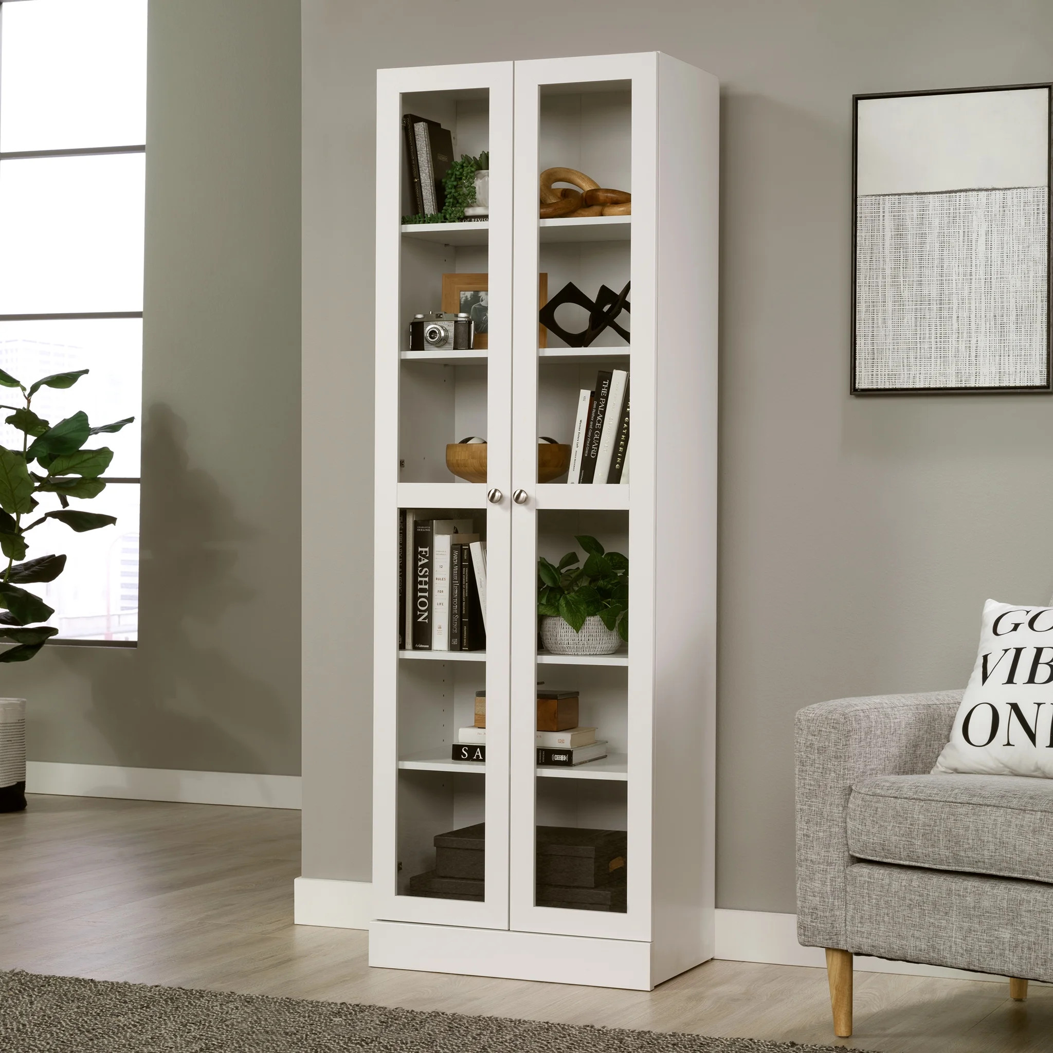 Mainstays Glass Door Storage Cabinet Bookcase, White Finish | Walmart (US)