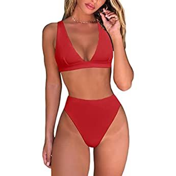 geluboao Bikini Set for Women Solid V Neck Knot Front Push Up High Leg Thong Two Piece Swimsuit | Amazon (US)