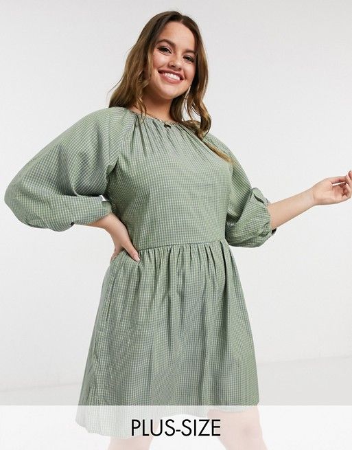Missguided Plus smock dress with puff sleeve in green check | ASOS (Global)