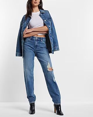 Mid Rise Medium Wash Ripped Baggy Tapered Jeans | Express