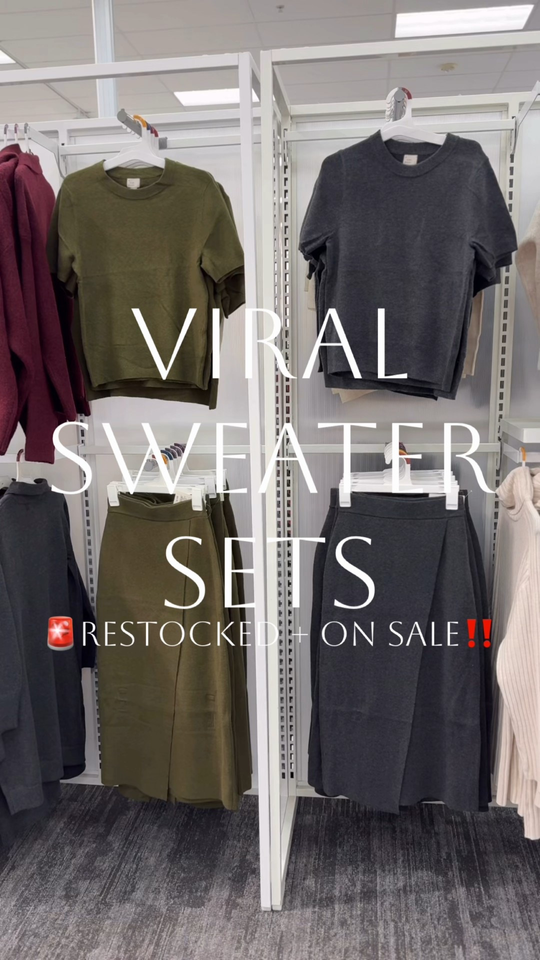 Must-have sweater sets, restocked + on sale at Target‼️One of my top sellers of 2025 is back! Don’t sleep on this deal! First time I’ve noticed it’s been back in stock and I believe it will sell out again! Did you see my try-on reel with the olive green? I also have the grey with the matching vest! Obsessed! So classic, chic, and COMFY! Multiple colors available, sizes XS-4X. Love this short sleeve sweater paired with this knit midi skirt just as much! Truly obsessed with the fit- way better on than on the hanger! I’m 5’7” and grabbed my true size xs in both. Dress up for work with boots or heels or dress down for the weekend with sneakers! Layer with a cardigan or statement coat for these chilly days! Also perfect to mix and match or style these pieces separately! I love these sets for the holidays, date night, travel, and church, too! Which color is your fave?👇🏻

#target #targetfinds #targetfashion #targetstyle #newattarget Holiday outfits women, winter outfits women, new years eve outfits women, Target run, target shopping, sweater set, knit set, two piece set, matching set, knit skirt, midi skirt,  target skirt, target sweater, workwear inspo, outfit for work, elevated casual, elevated style, neutral outfit, neutral style, classic style, winter style, winter outfit, winter fashion,   casual chic, target workwear, workwear from
Target, teacher outfit

#LTKFindsUnder50 #LTKWorkwear #LTKHoliday