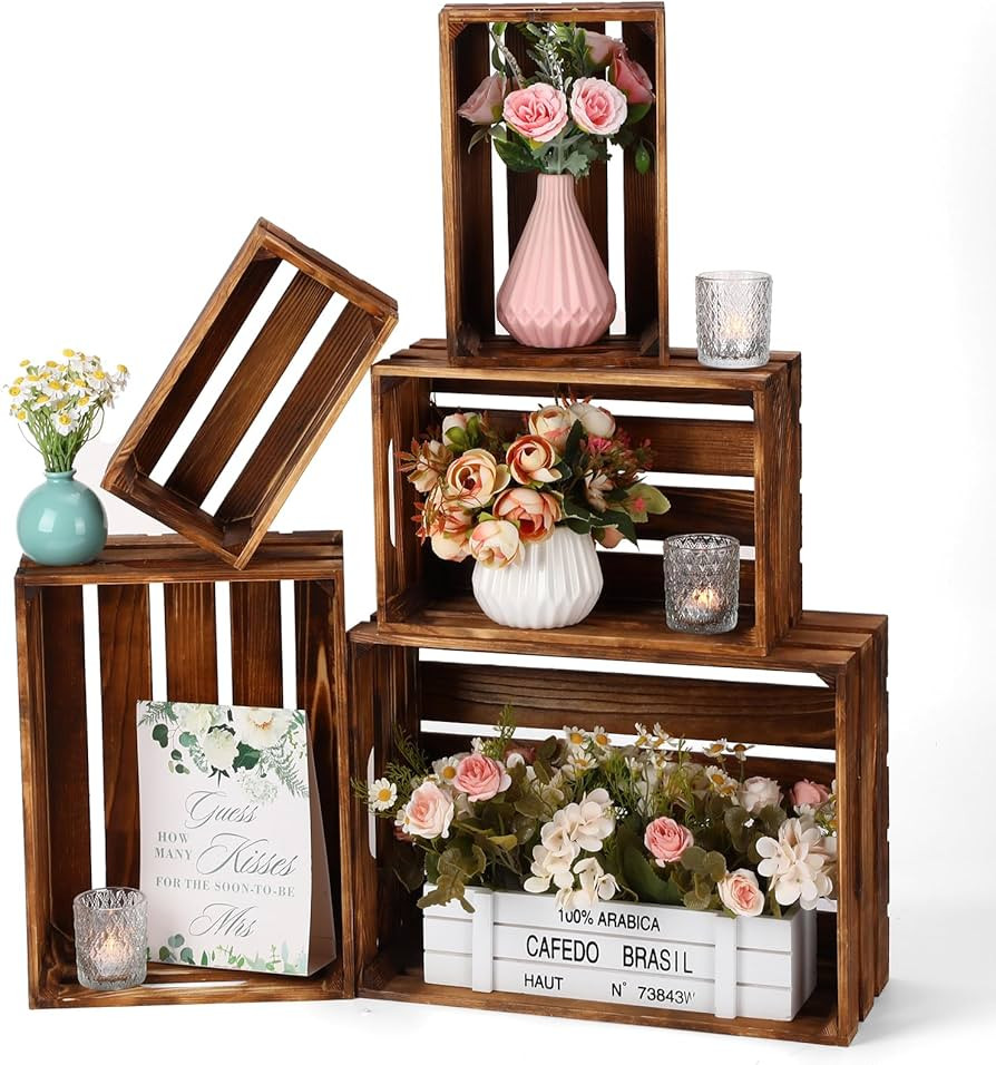 Soaoo 5 Pcs Decorative Nesting Wooden Crates for Storage Display 5 Size Large Small Rustic Wood D... | Amazon (US)