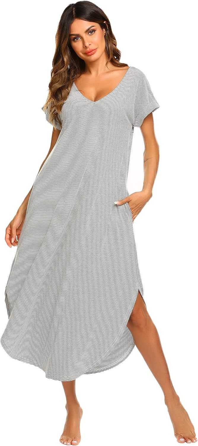 Ekouaer Women's Sleepwear Casual V Neck Nightshirts Short Sleeve Long Nightgown S-XXL | Amazon (CA)