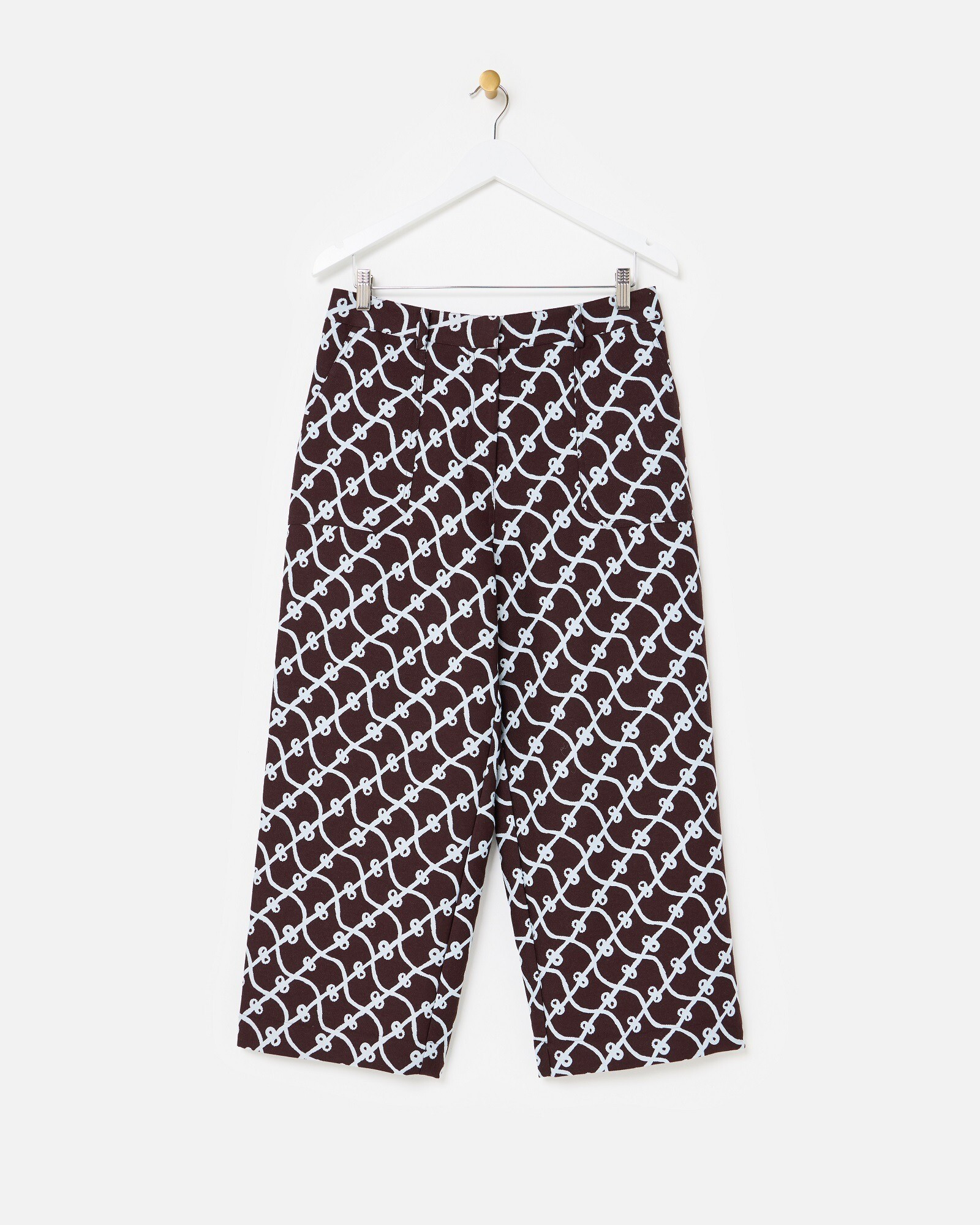 Chocolate Brown & Blue Bow Jacquard Cropped Wide Leg Trousers | Oliver Bonas | Oliver Bonas (Global)