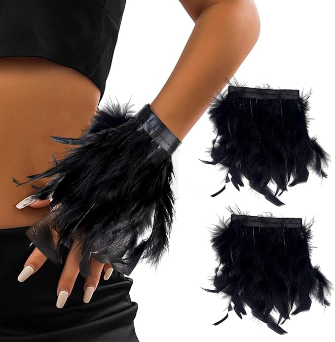 Feather Gloves for Women, Long Gothic Feather Wrist Band Cuffs for Wedding Halloween Cosplay Cost... | Amazon (US)