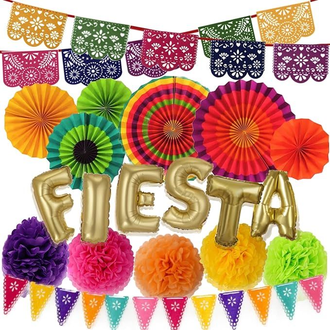 Emuya Mexican Fiesta Party Decorations – Cinco De Mayo - 6 Paper Fans, 5 Flowers Pom Poms, Pape... | Amazon (US)