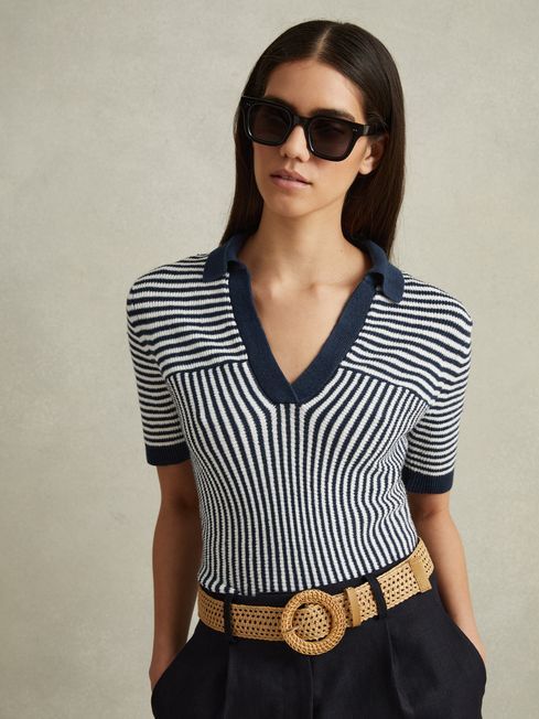 Linen Blend Open Collar Striped Polo Shirt | Reiss US