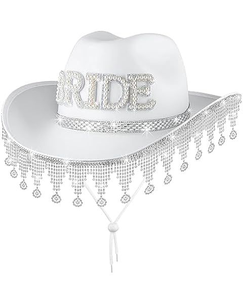 Rhinestone Bride Cowgirl Hat with Sash for Bachelorette Party, Women White Cowboy Hat with Rhines... | Amazon (US)