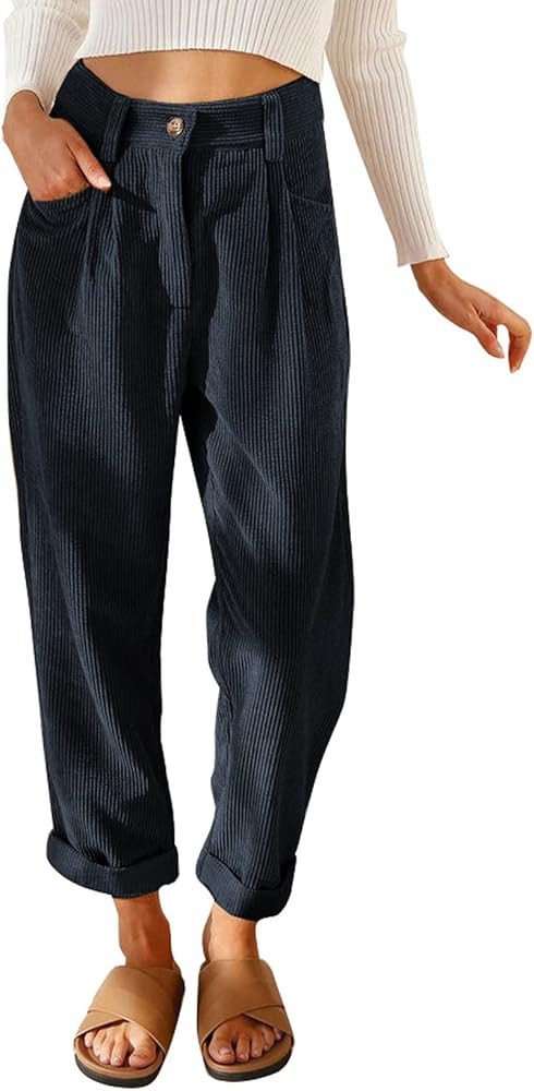 EVALESS Corduroy Pants for Women Casual High Waisted Straight Leg Pants Loose Comfy Trousers with... | Amazon (US)