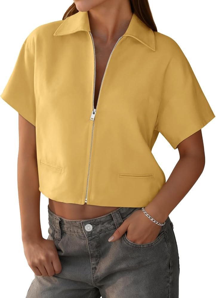 Tankaneo Womens Trendy Vest Top Summer Casual Short Sleeve Zip Up Blazer Cropped Loose Fit Collar... | Amazon (US)