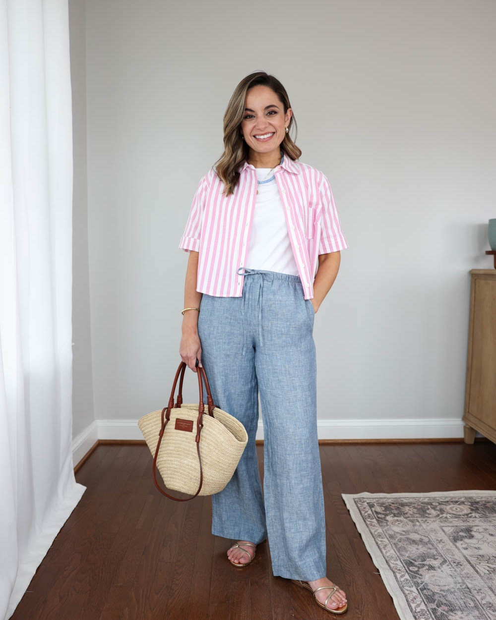 Four easy ways to style a cropped button up top!

Striped pink top (Anthropologie): xxs 

Outfit 1:
Linen pants (LOFT): petite xxs (27.5” inseam) 
White t-shirt (Walmart): xxs
Straw bag (Sezane)
Sandals (Sam Edelman): tts

Outfit 2:
White shorts (Quince): 24 (size up if between sizes)
Sandals (Dolce Vita): tts

Outfit 3:
Perfect Vintage Wide Leg Crop (Madewell): petite 24 - 10 3/8” rise 25” inseam 18” leg opening
Wide Leg Crop: 24 short - 10 3/4” rise 25” inseam 20 3/8” leg opening
Sandals: tts

Outfit 4:
Denim Shorts (Madewell): 25 - sized up
Sandals: tts

My measurements for reference: I’m 4’10” and 105lbs. My bust, waist, and hip measurement is 32”, 24”, and 36”.

#LTKSeasonal #LTKPetite #LTKSaleAlert