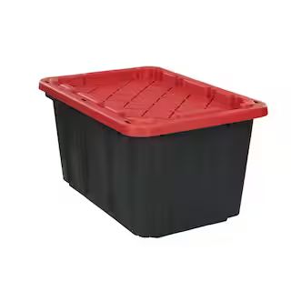 27 Gal. Tough Storage Tote in Black with Red Lid | The Home Depot