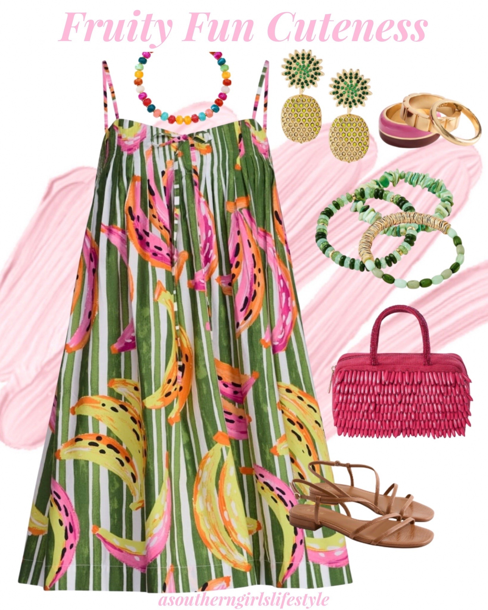 Summer Fruity Fun Outfit Cuteness

Striped Banana Green Iris Pintuck Dress, Beaded Necklace, Earrings, Green Beaded Bracelets, Enamel & Gold Stack Rings, Beaded Fringe Pink Purse & Brown Stroppy Sandals

Summer Dresses. Summer Outfits Beach. Vacation Outfit

#LTKSeasonal #LTKootd #LTKPetite