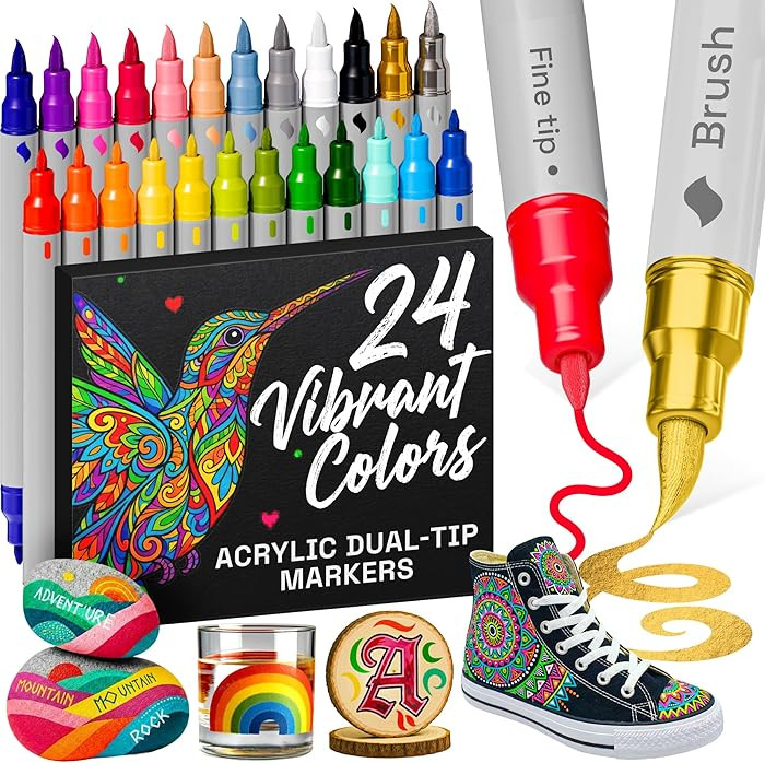 ARTISTRO 24 Acrylic Paint Markers - Paint Pens for Drawing, Brush + Fine Tips - For Fabric, Rock,... | Amazon (US)