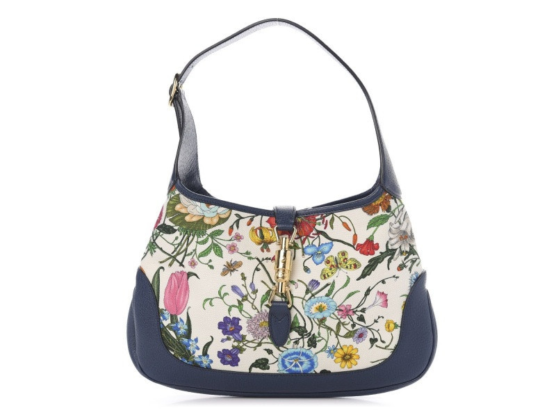 Gucci Jackie Flora Canvas White Blue Agata Hobo Bag | JTV Jewelry