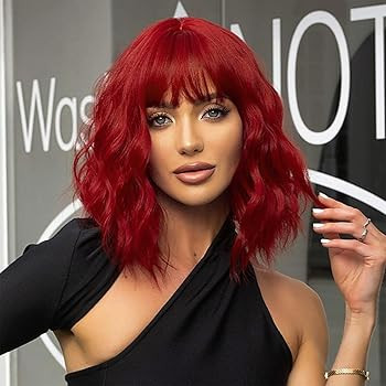 Red Wavy Wig With Bangs, Wavy Bob Wigs for Women, Wavy Bob Wig with Bangs Synthetic Natural Looki... | Amazon (US)