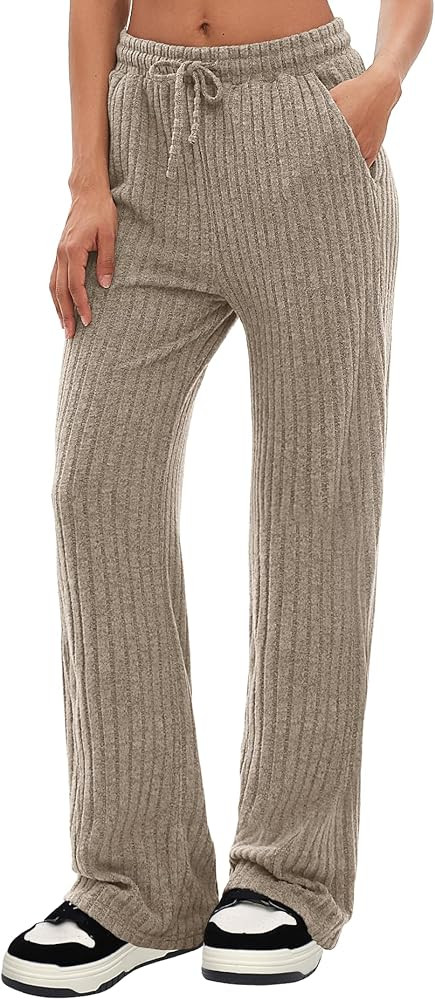 Darong Womens Ribbed Kint Wide Leg Lounge Pants Fall Comfy Drawstring Loose Trousers with Pockets | Amazon (US)