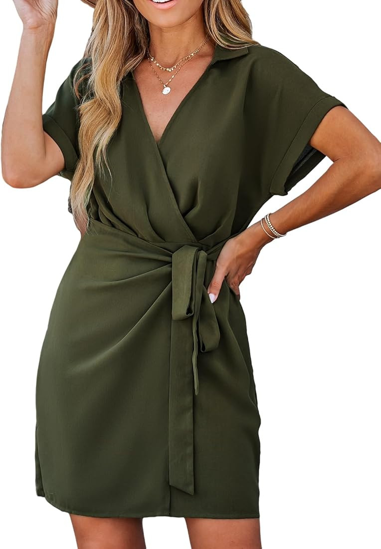 CUPSHE Women's V Neck Belted Short Sleeve Pleated Mini Wrap Dress Casual A Line Short Dress | Amazon (US)