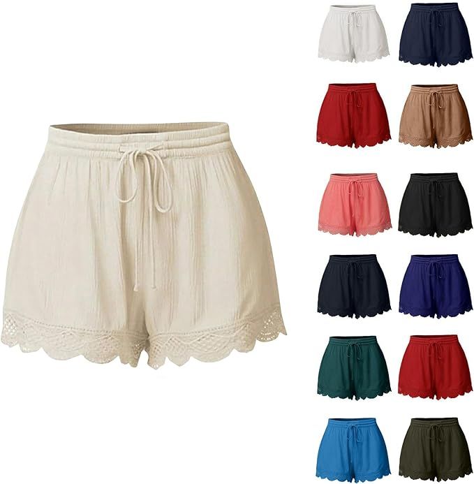 Shorts for Women Casual Elastic Waist Drawstring Yoga Lounge Shorts Comfy Stretch Lace Trim Summe... | Amazon (US)