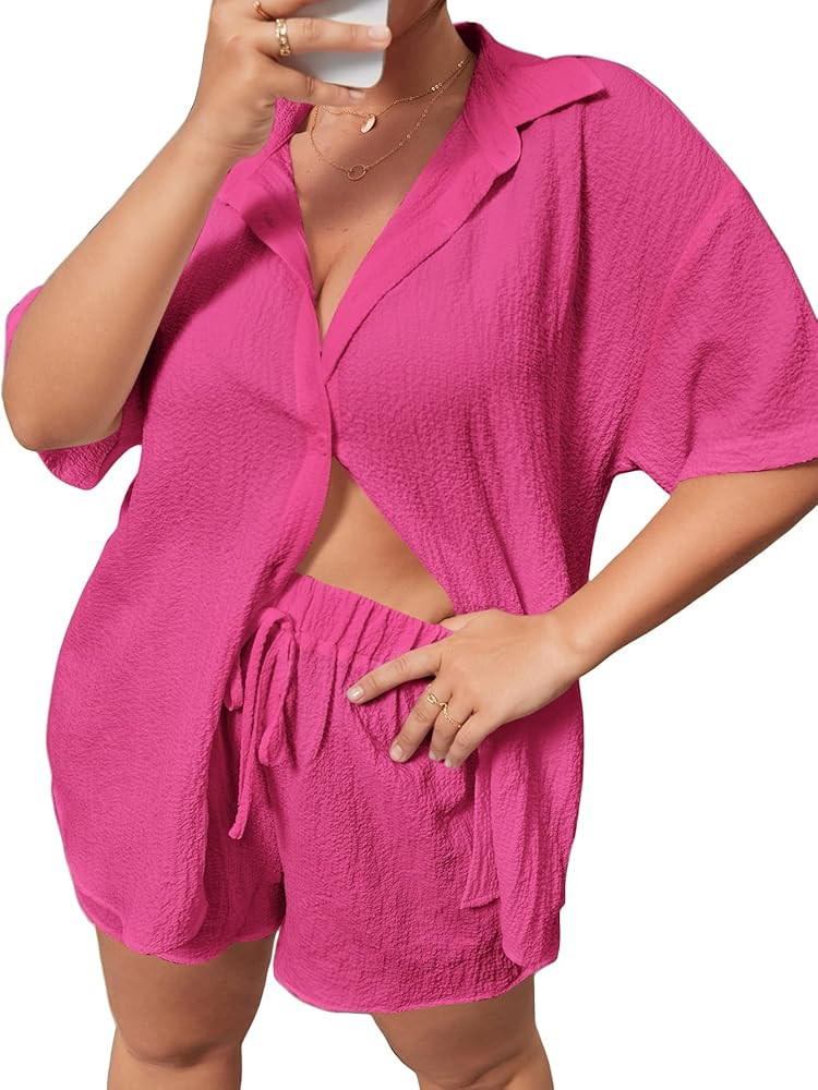 MakeMeChic Women's Plus Size Casual 2 Piece Outfits Long Sleeve Button Down Blouse and Shorts Set | Amazon (US)