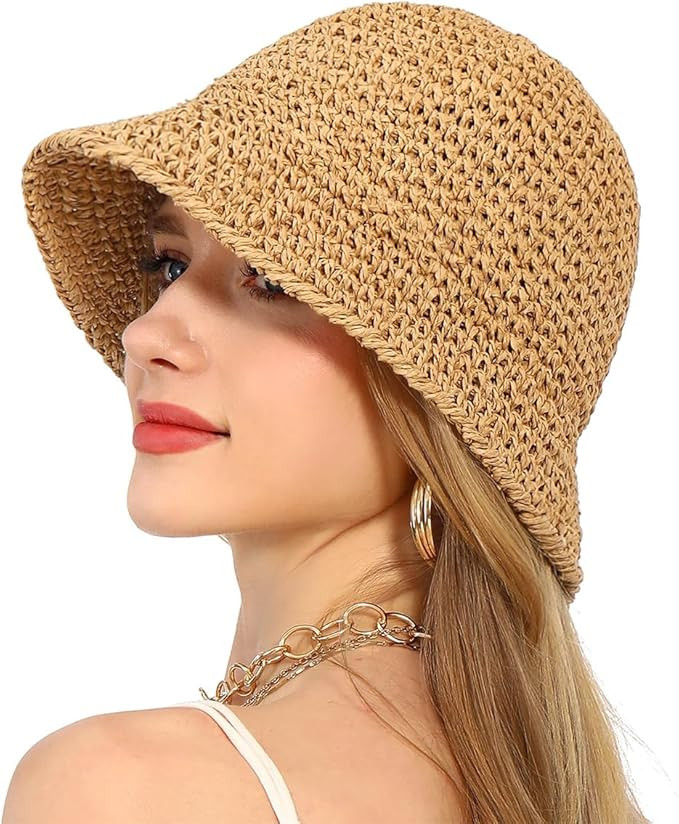 Women Sun Hat Hand-Woven Packable Beach Bucket Hat Summer Floppy UV Protection Hats, Coffee | Amazon (US)