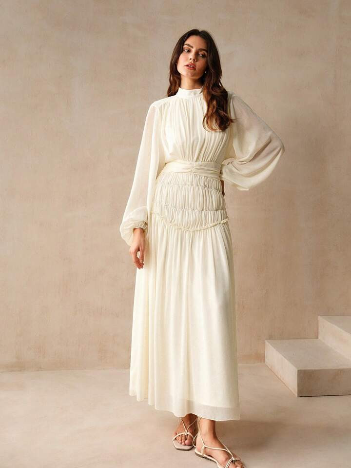 Anewsta Vestido Midi Com Manga Balão Cinturando A Cintura, Vestido Longo Feminino | SHEIN