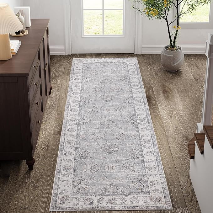 jinchan Runner Rug 2x6 Machine Washable Hallway Rug Grey Vintage Floral Print Non-Slip Low Pile U... | Amazon (US)