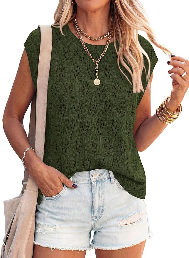PRETTYGARDEN Crochet Tops for Women 2026 Summer Sweater Vest Knit Cap Sleeve Hollow Out Tank Cove... | Amazon (US)