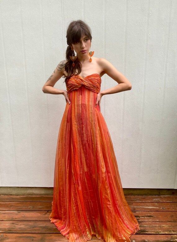 Vintage 90s Halston Designer Silk Strapless Party Cocktail Formal train gown Maxi dress XS S | Etsy (US)