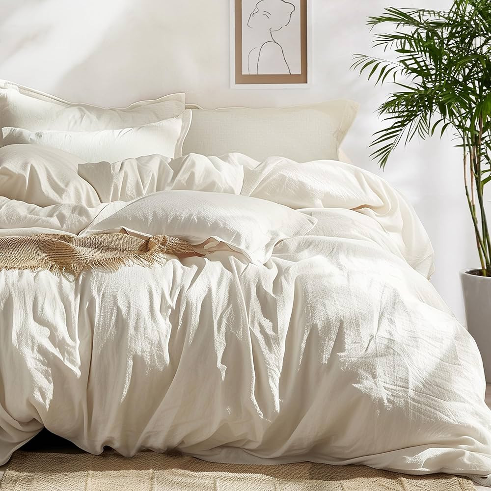 Bedsure 100% Washed Cotton Duvet Cover King Size - Cream Minimalist Duvet Cover Linen Like - 3 Pi... | Amazon (US)