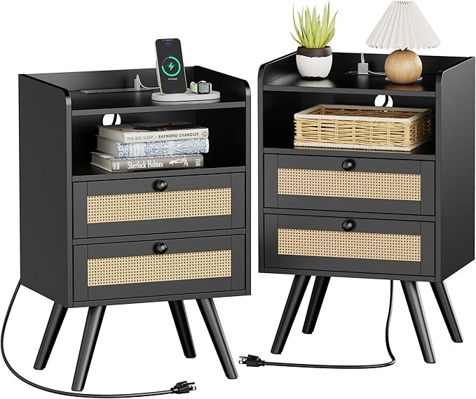 SUPERJARE 2 Drawer Night Stand with Charger Station, Boho Rattan Nightstand Set of 2, 25.2 Inch T... | Amazon (US)