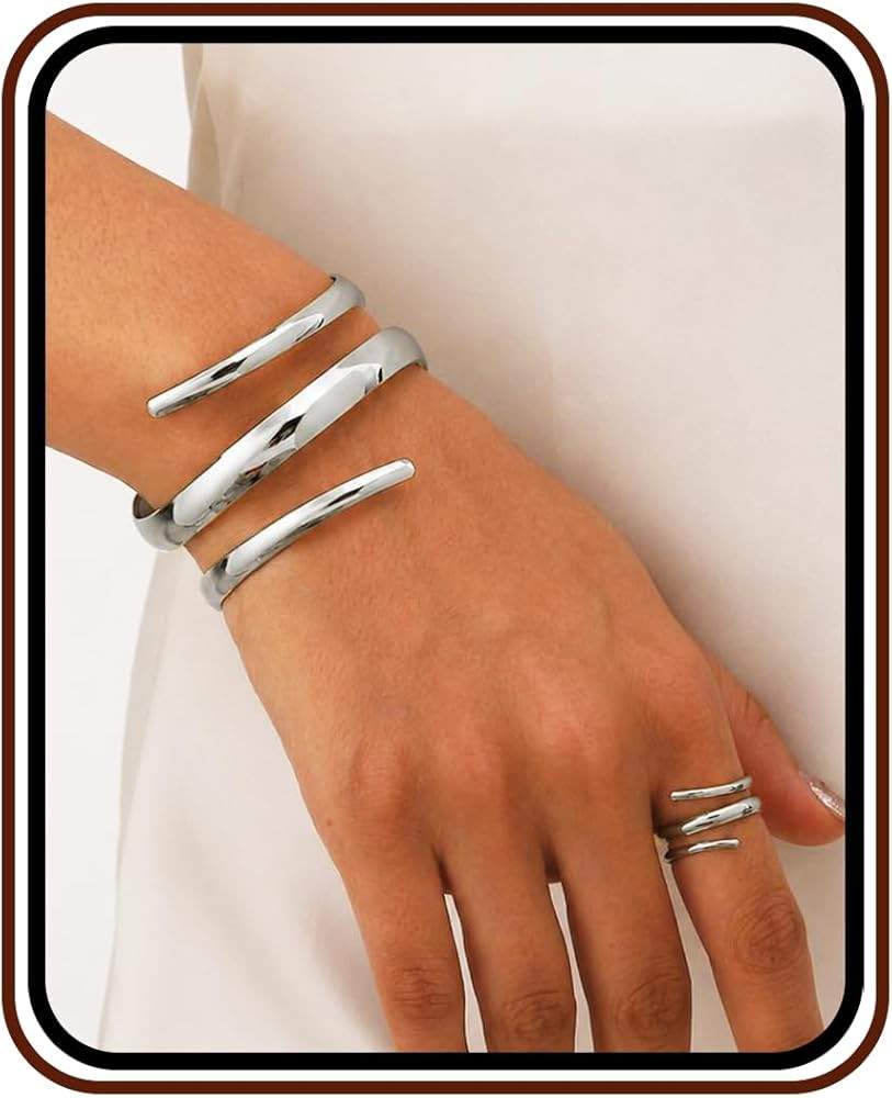 Amazon.com: JWIGP Asymmetrical Geometric Bracelet Ring Set for Women \u2013 Hammered Metal Open C... | Amazon (US)