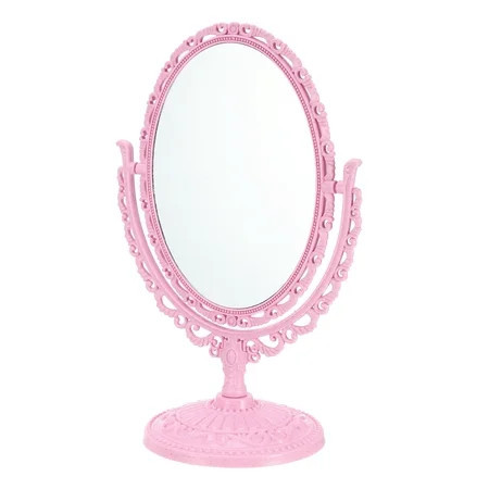 Unique Bargains Oval Shaped Double Sided 360° Rotating Makeup Desk Stand Mirror Pink | Walmart (US)