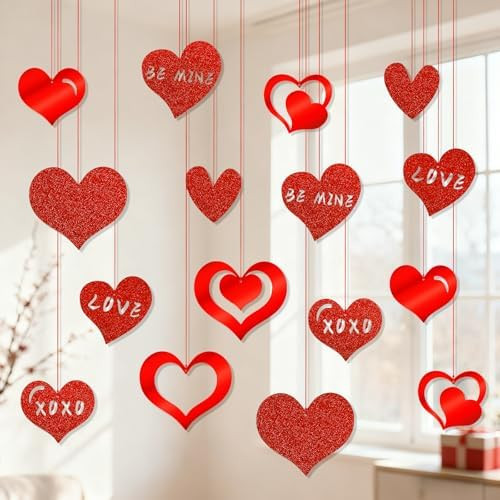 HEAEUNK Valentine’s Day Decorations, 16PCS Glitter Hanging Hearts Decorations w/Mixed Sizes, Do... | Amazon (US)