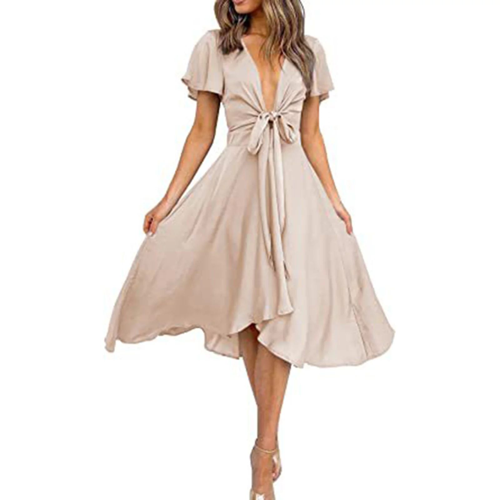 ZRBYWB Womens Dresses Women Dresses Lady Elegant Casual Orange Short Sleeve Deep V Neck Back Bow ... | Walmart (US)