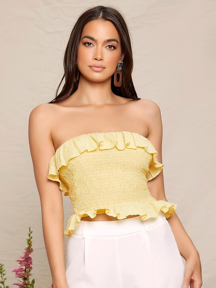 SHEIN Ruffle Detail Shirred Tube Top | SHEIN